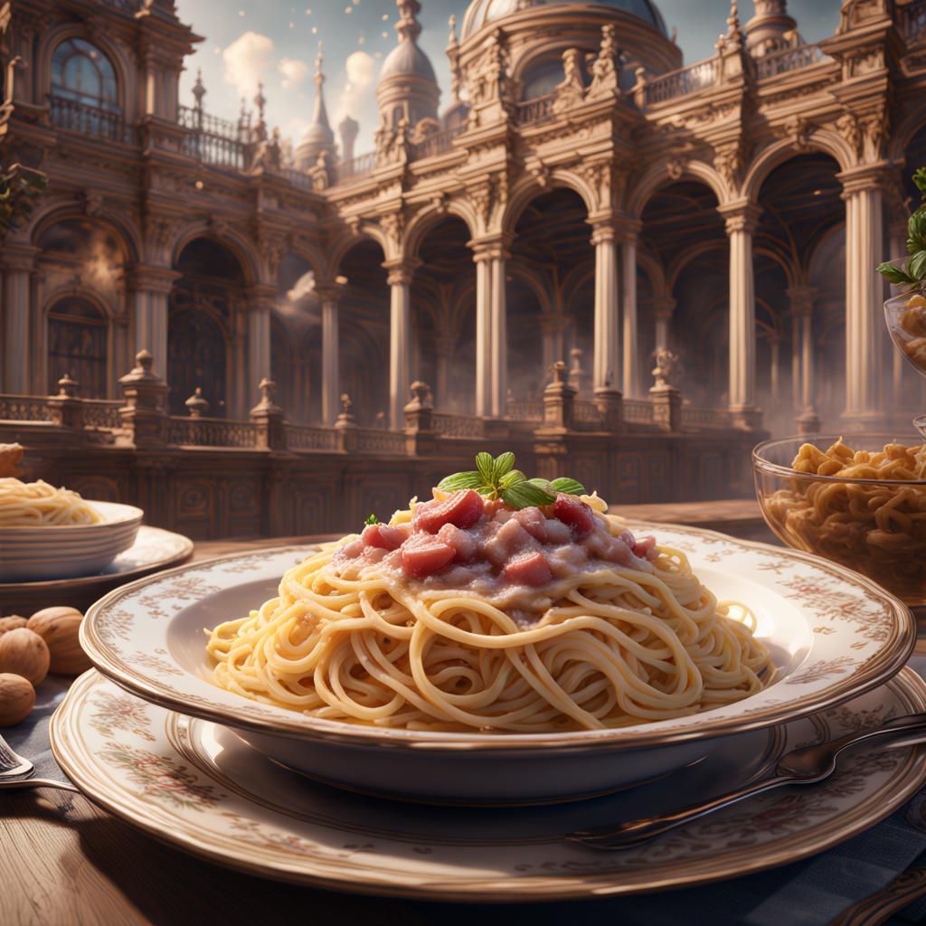 Victorian Spaghetti Carbonara: Detailed Matte Painting