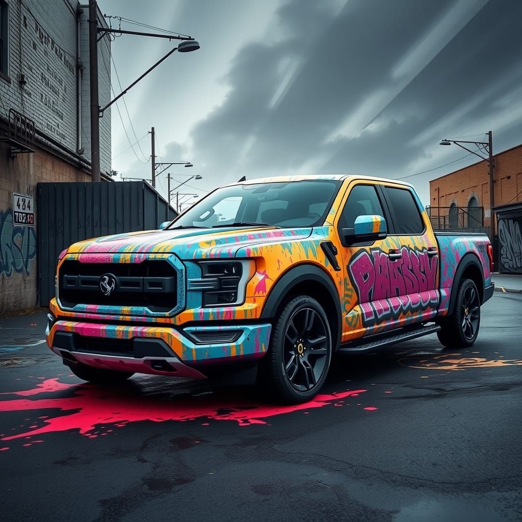 Polychromatic Graffiti Ferrari F150 Truck in Urban Setting