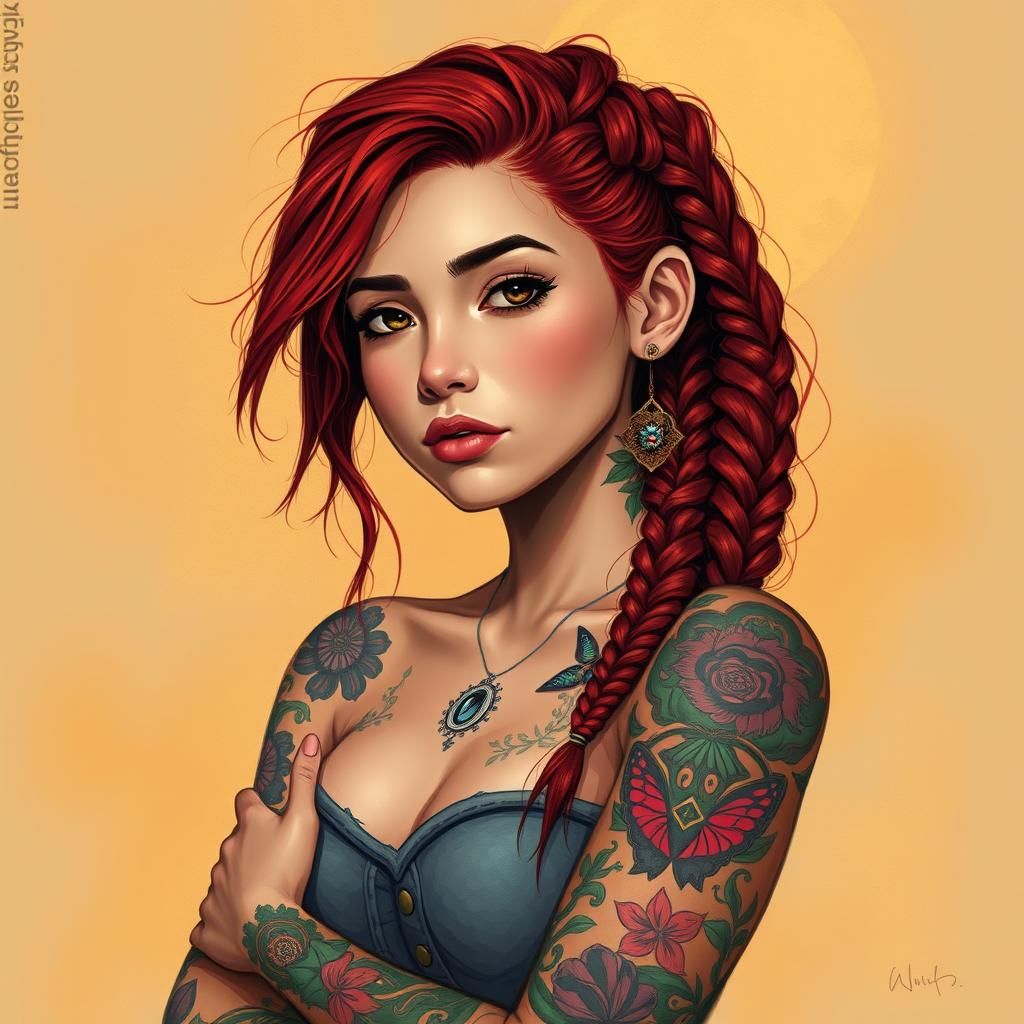 Woman with Braided Red Hair and Tattoos