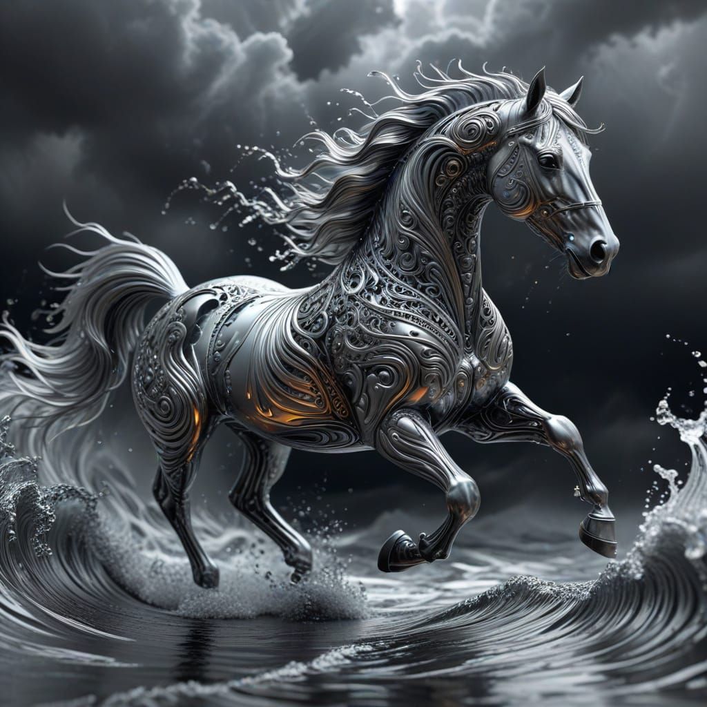 Cyberpunk Liquid Metal Horse in Turbulent Stormy Skies