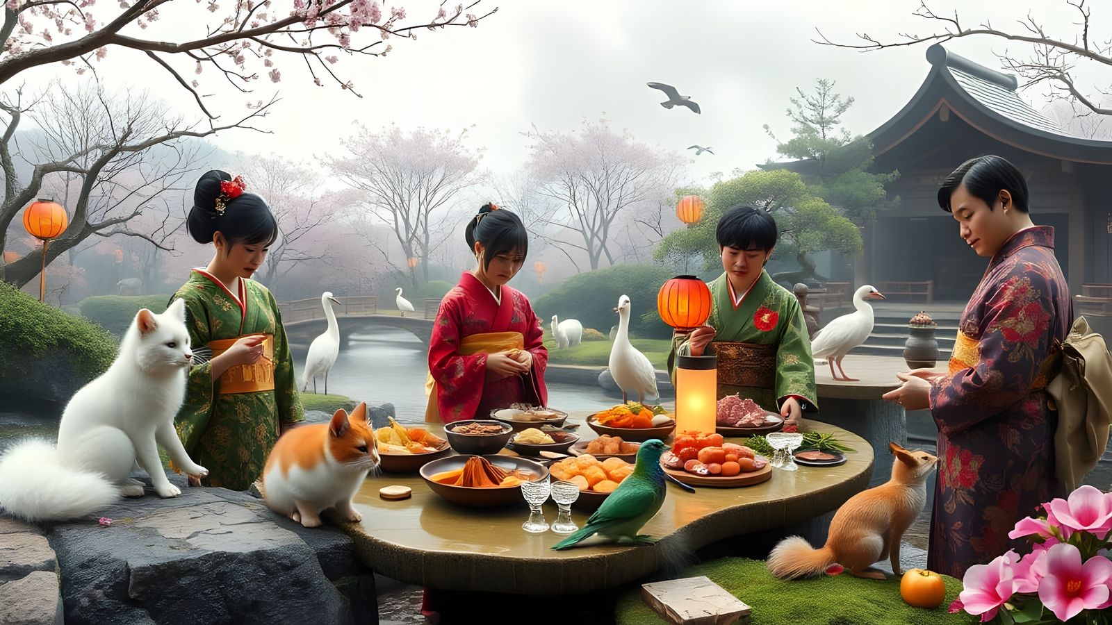 Japanese Garden Feast with Mythical Friends in Cherry Blosso...