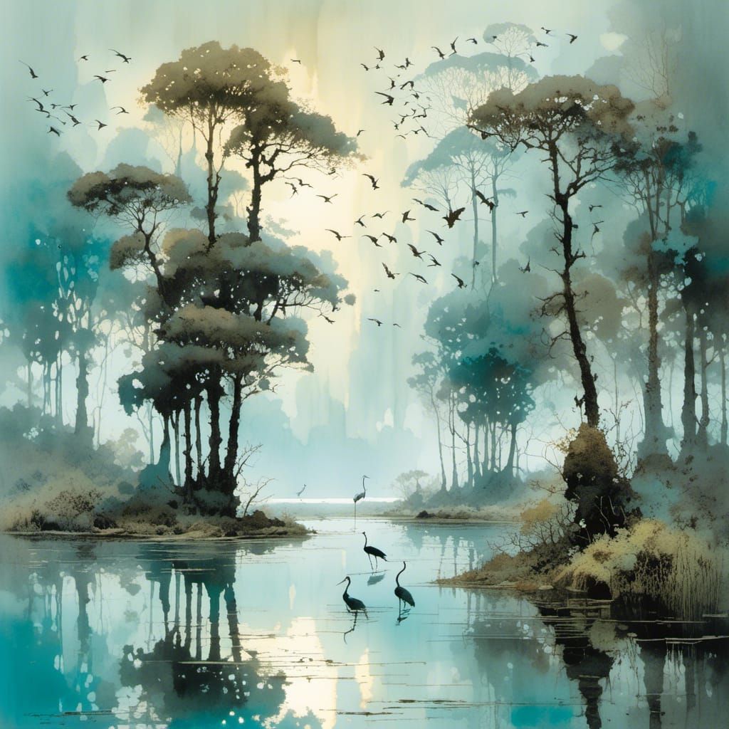 Turquoise Swamp Landscape with Cranes