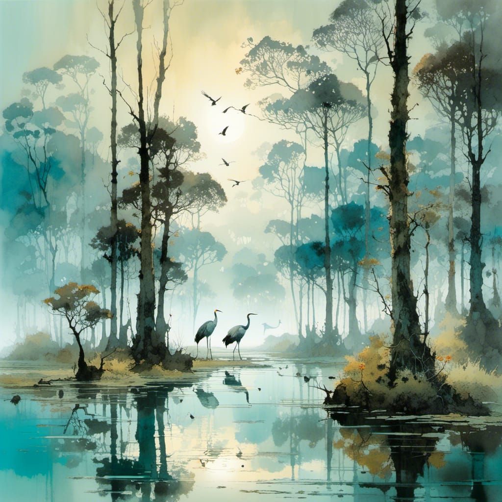 Turquoise Swamp Landscape with Cranes, Intricate Details