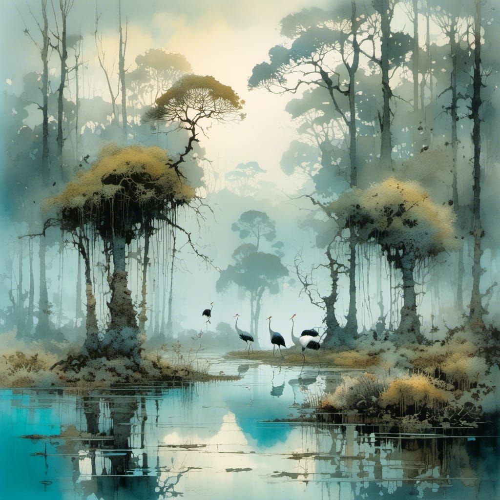 Turquoise Swamp Landscape with Cranes at Twilight