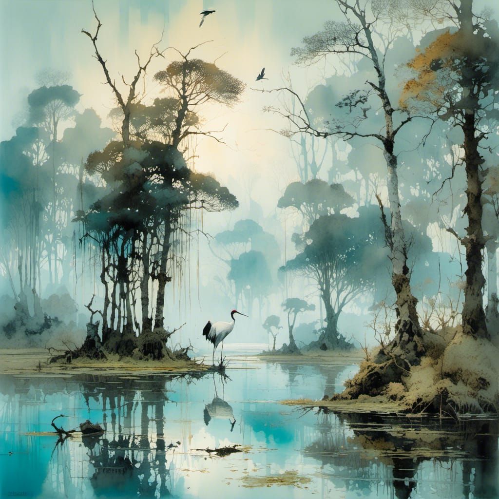 Mystical Turquoise Swamp Ecosystem in Evening Light
