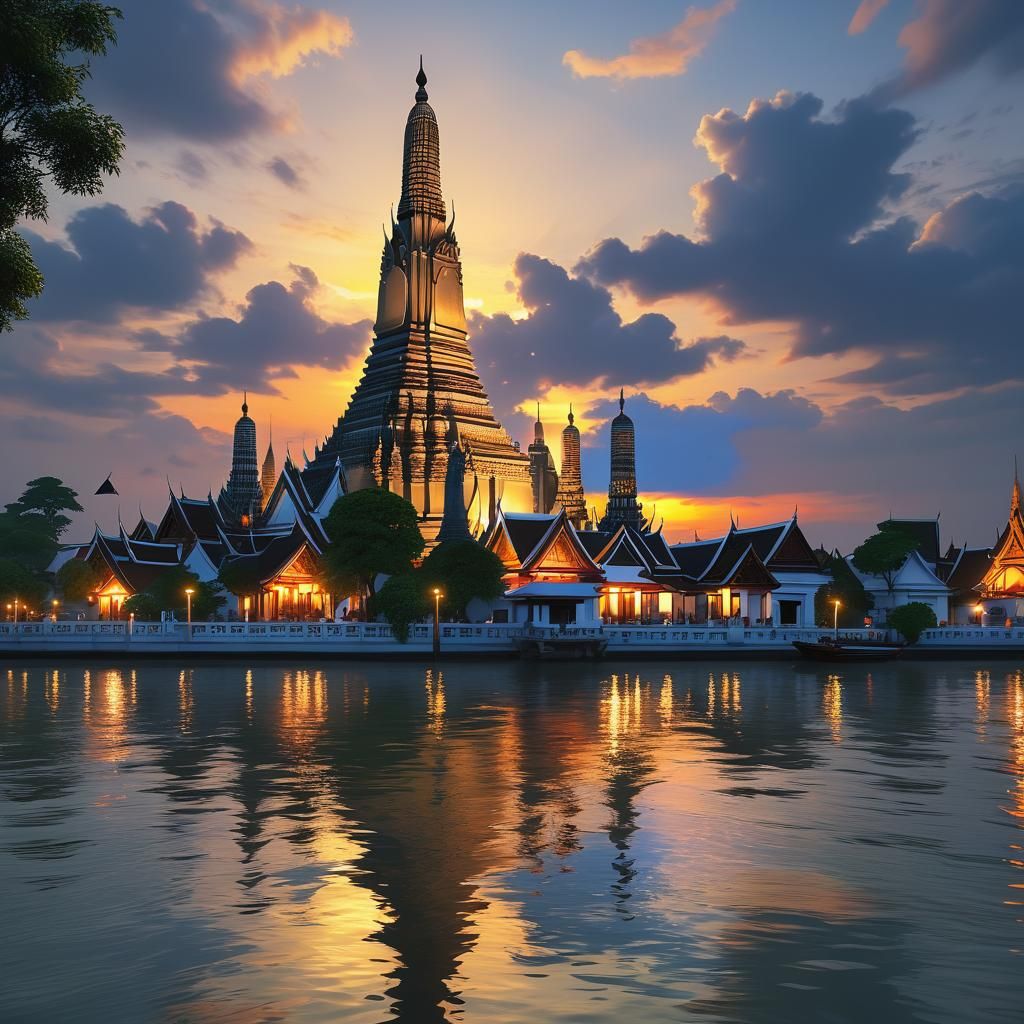 Wat Arun Sunset: Photorealistic 3D Anime Art