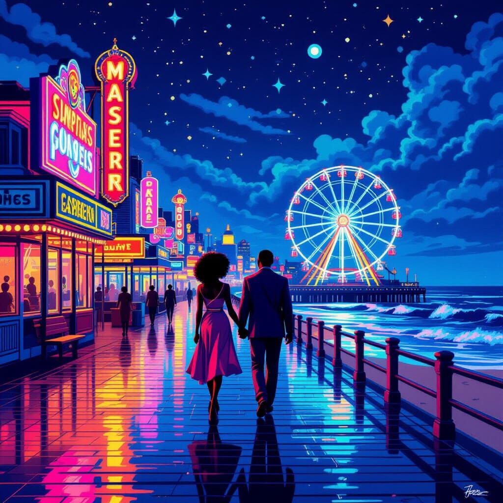 A quiet boardwalk scene ...