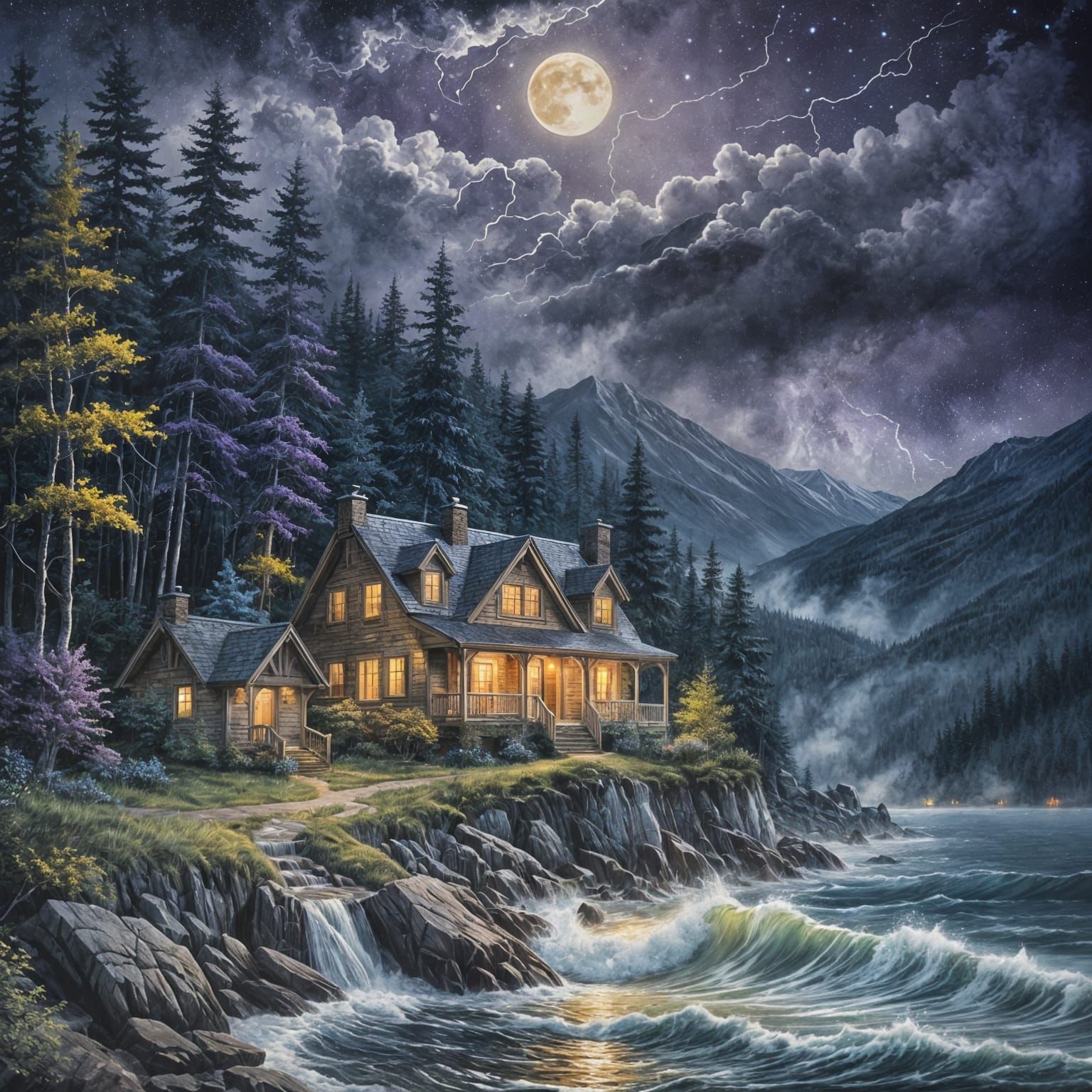 Cozy Cottage on Lake at Midnight in Watercolor