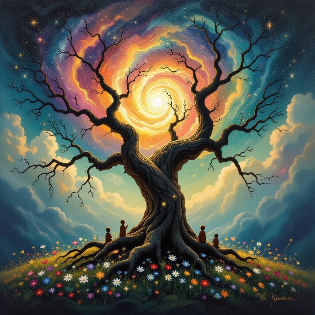 Ancient Tree Under Nebula Sky, Oil Painting Style