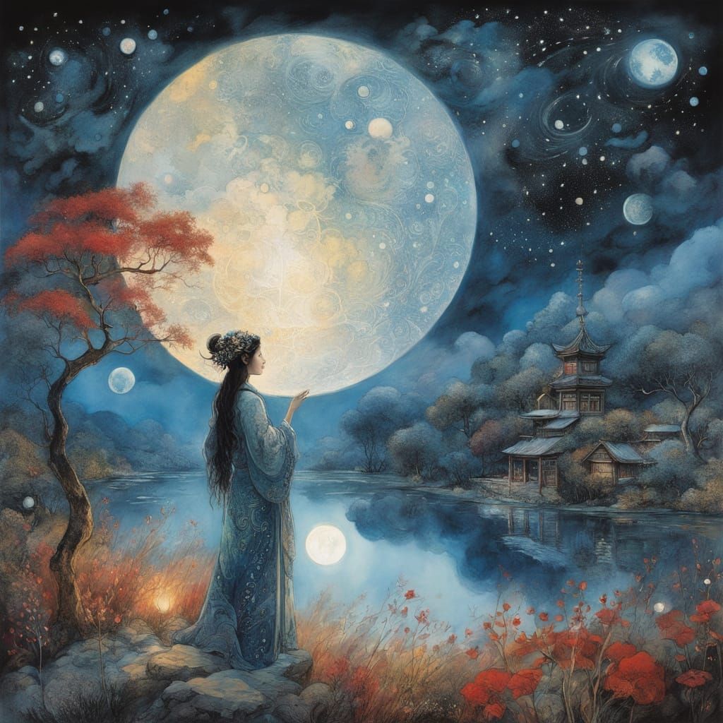 Ethereal Asian Goddess in a Whimsical Starry Night