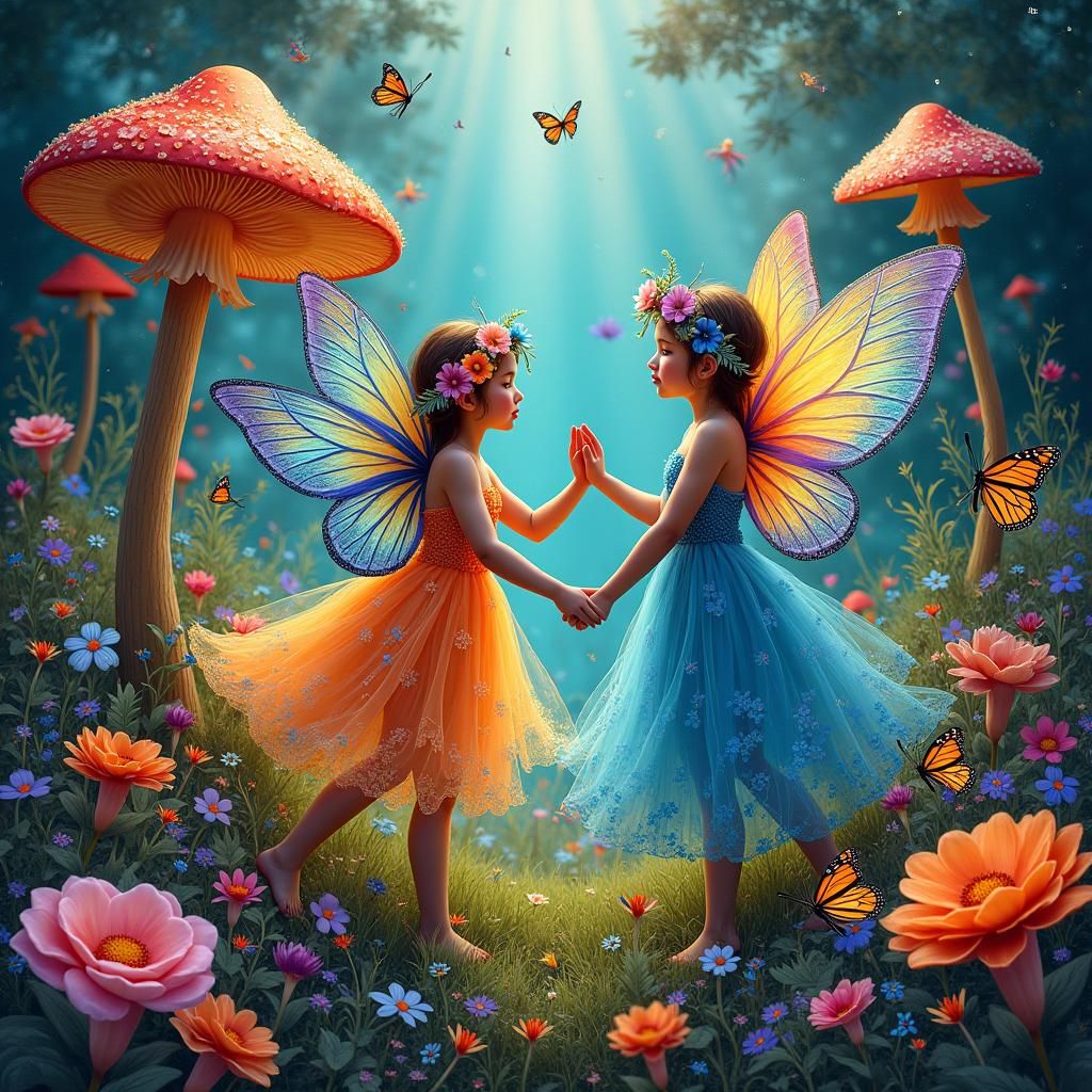 Mushroom Faeries Dancing in Floral Meadow