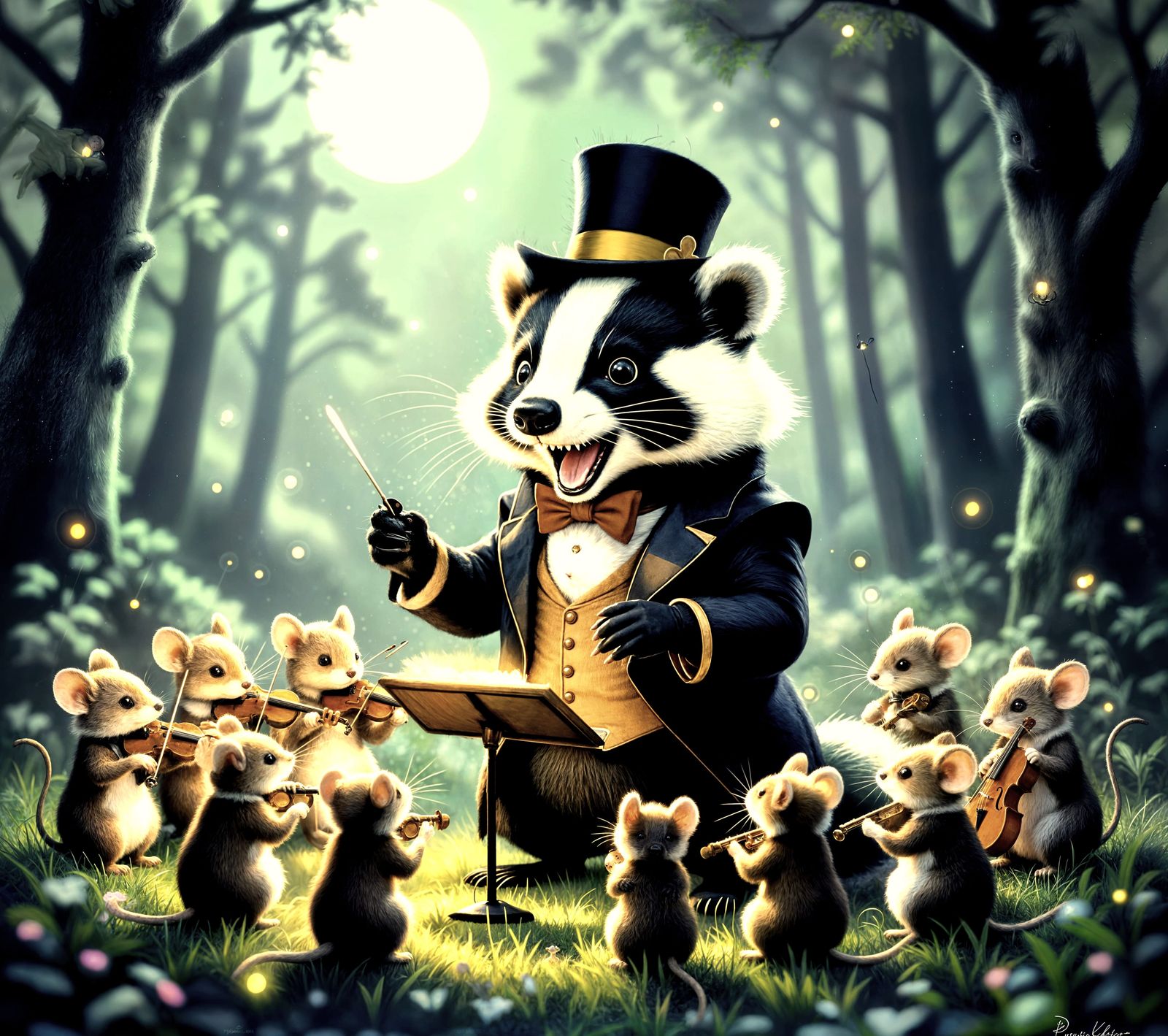Whimsical Badger Conducts Mouse Orchestra in Moonlit Forest