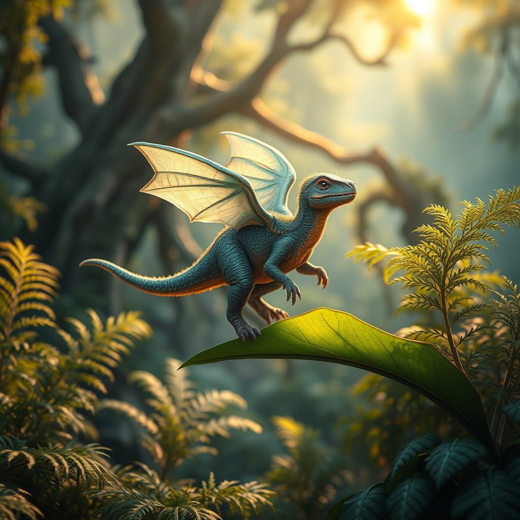 Fantastical Furry Winged Dinosaur on Emerald Leaf