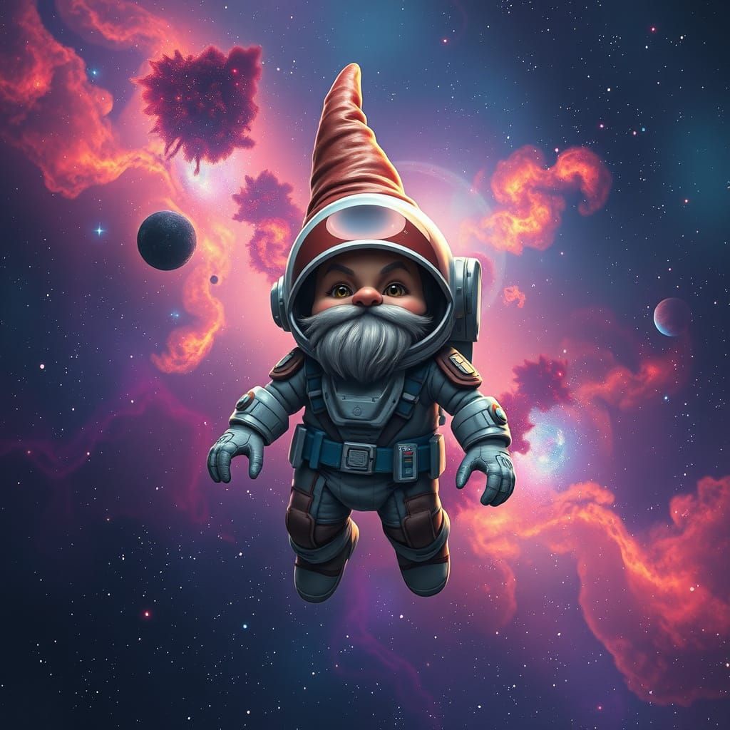 Gnome in Spacesuit Among Nebulae, Sci-Fi Art