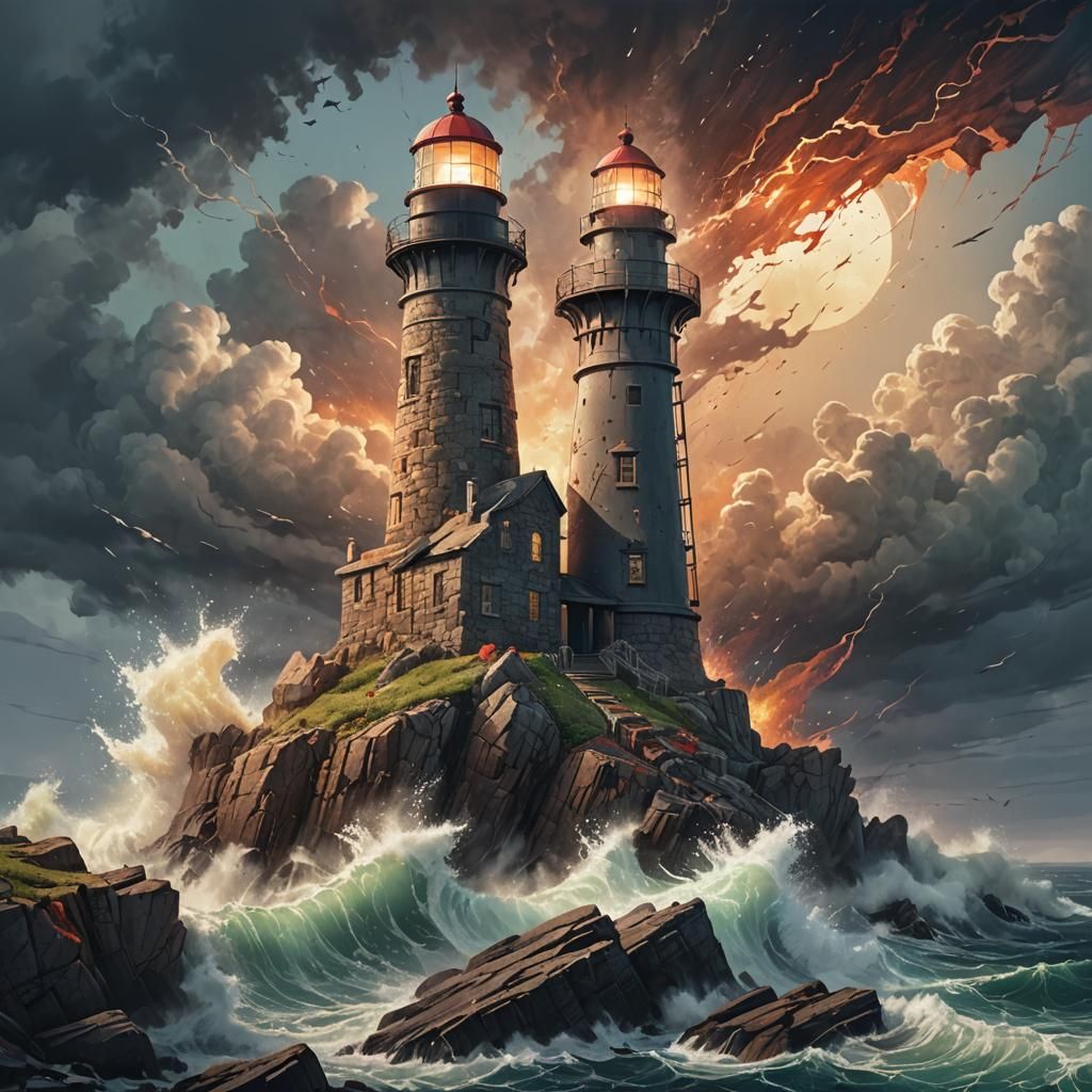 Eerie Hyperrealistic Lighthouse on a Stormy Sea