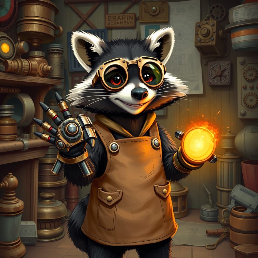 Steampunk Raccoon Inventor in Cluttered Workshop