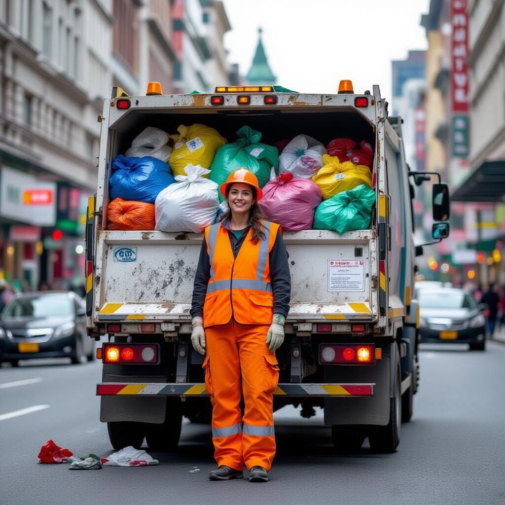 Garbage Worker on a Trash Truck in Cityscape