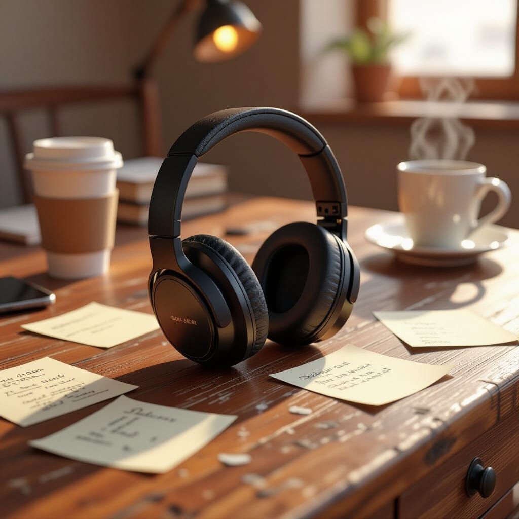 Wireless Headphones on Desk in Industrial Minimalist Style