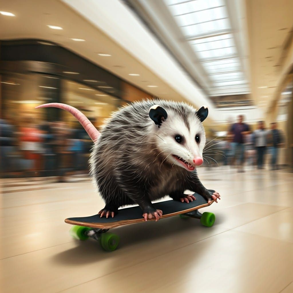 Opossum Skateboarding Through Mall at Breakneck Speed