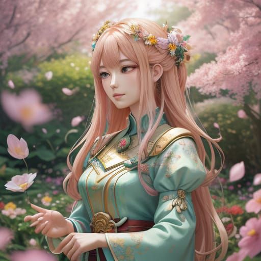 Anime Goddess in Flower Garden with Ethereal Glow