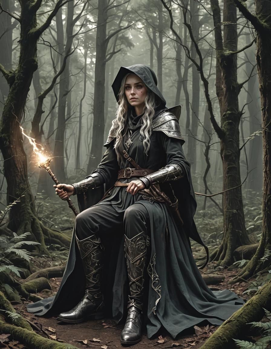 Strong Female Wizard in Dark Forest