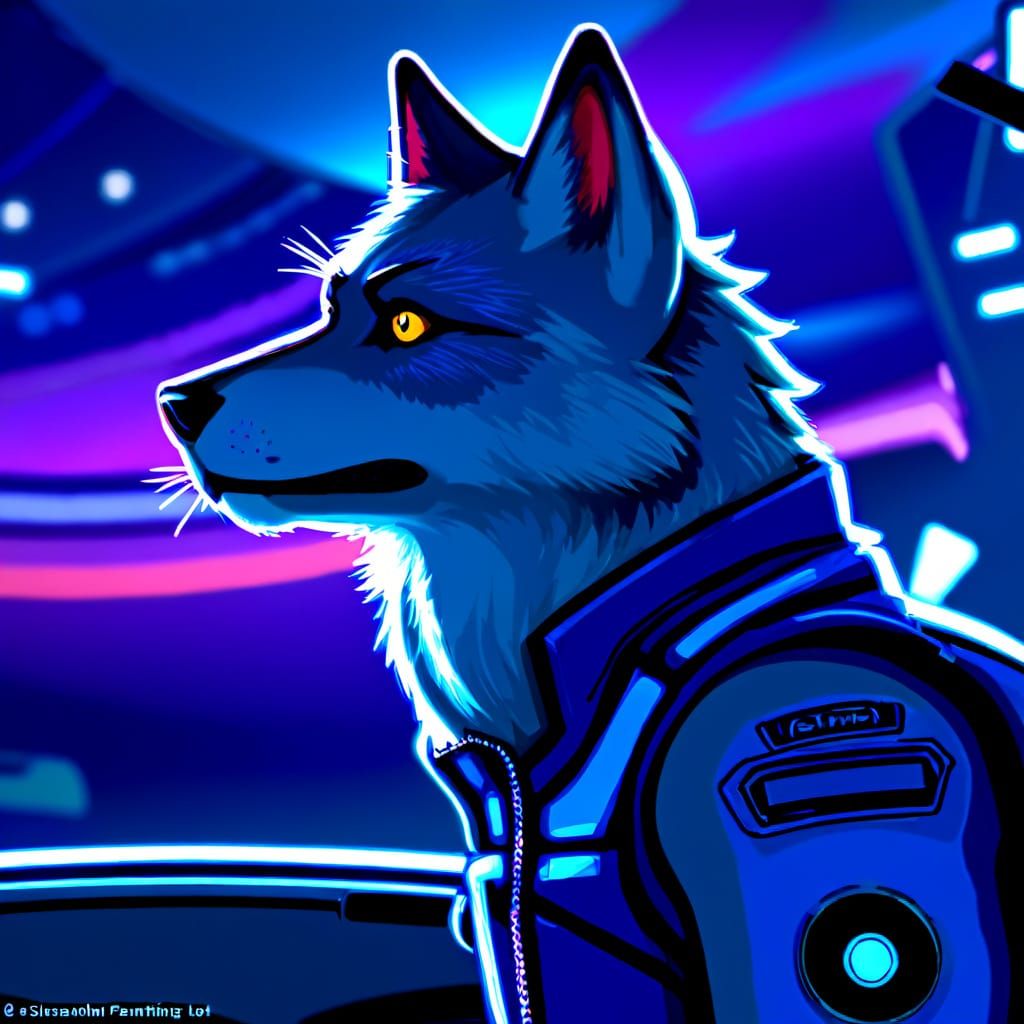 Anthro Wolf Pilot in Neon-lit Cosmic Scene