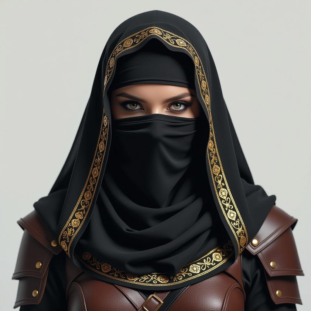 Warrior Nomad Woman in Gold Trimmed Veil and Leather Armor
