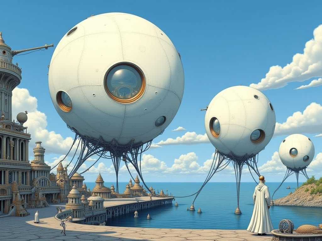 Epic Industrial Cityscape with Floating Spheres in Surrealis...