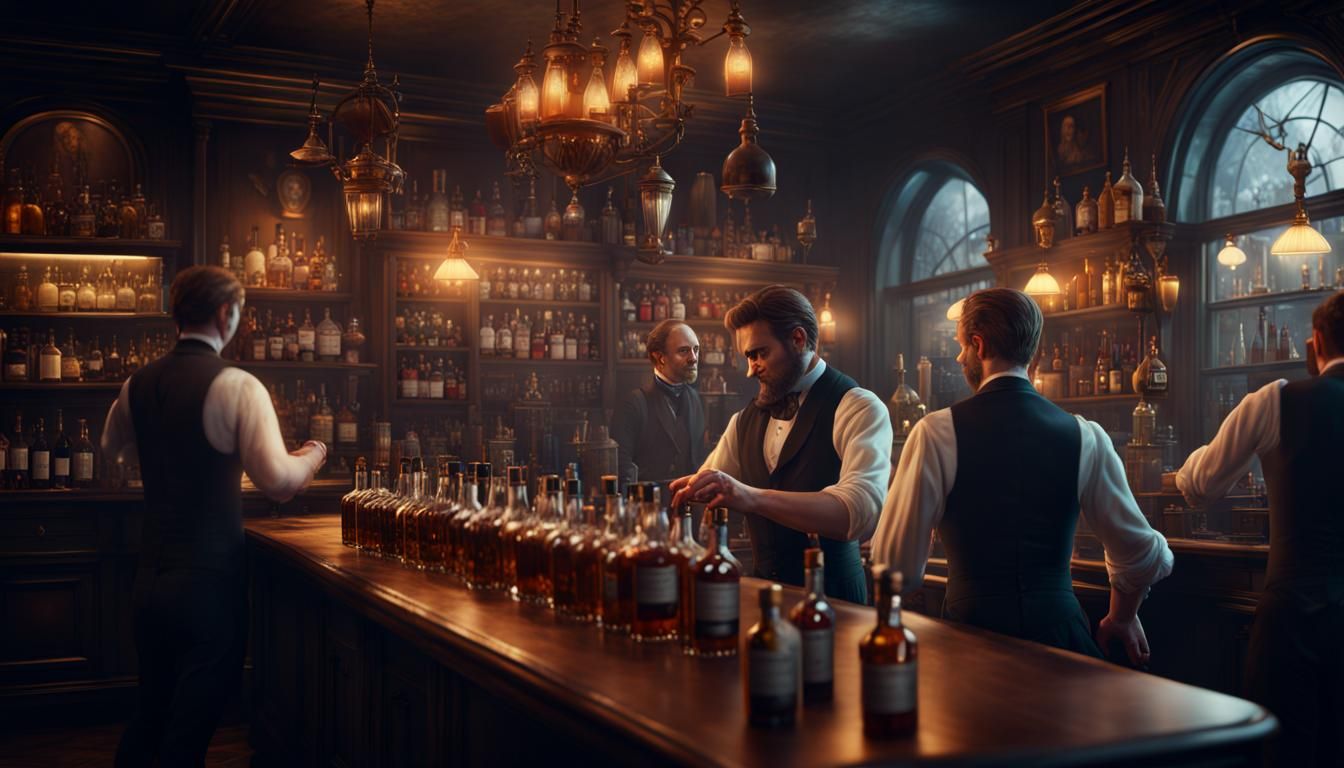 Victorian Barman Serving Whisky, Detailed Matte Painting