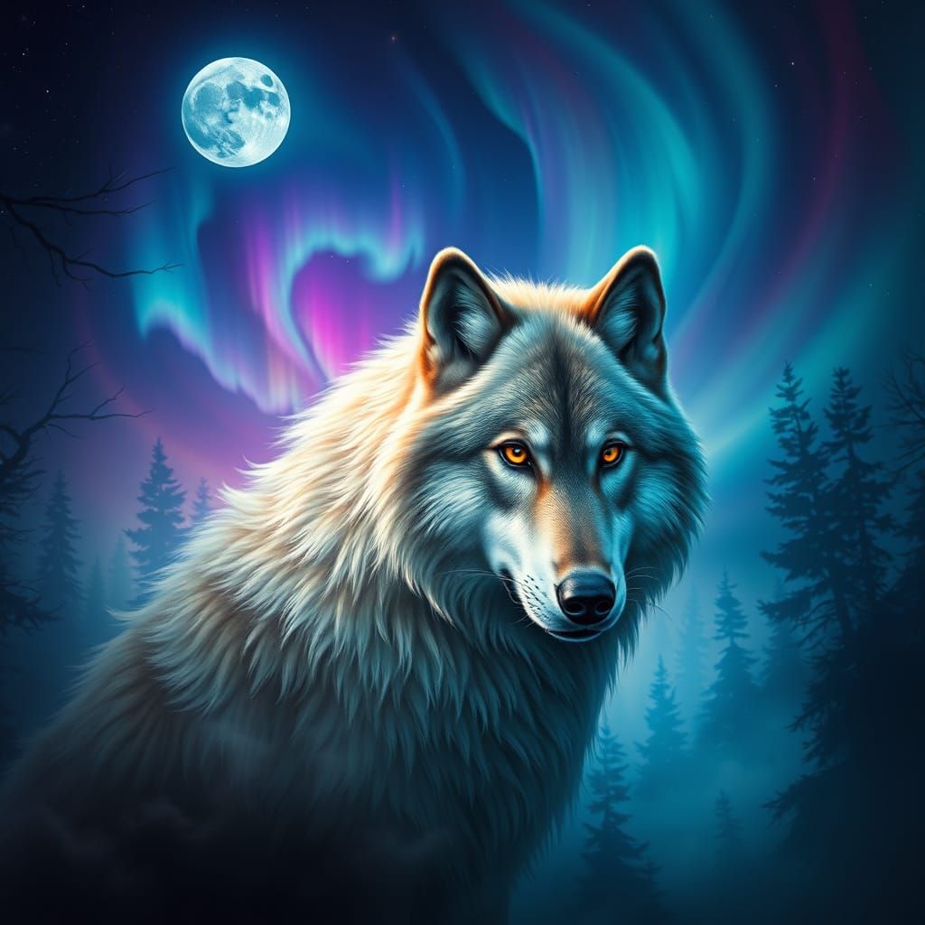 Hyper-Realistic Wolf in Mystical Moonlit Forest with Aurora ...