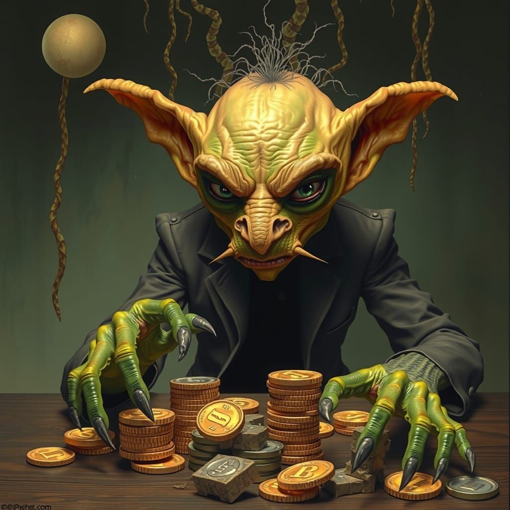 Surrealist Goblin Banker Counts Gold Coins in a Melting Bank...