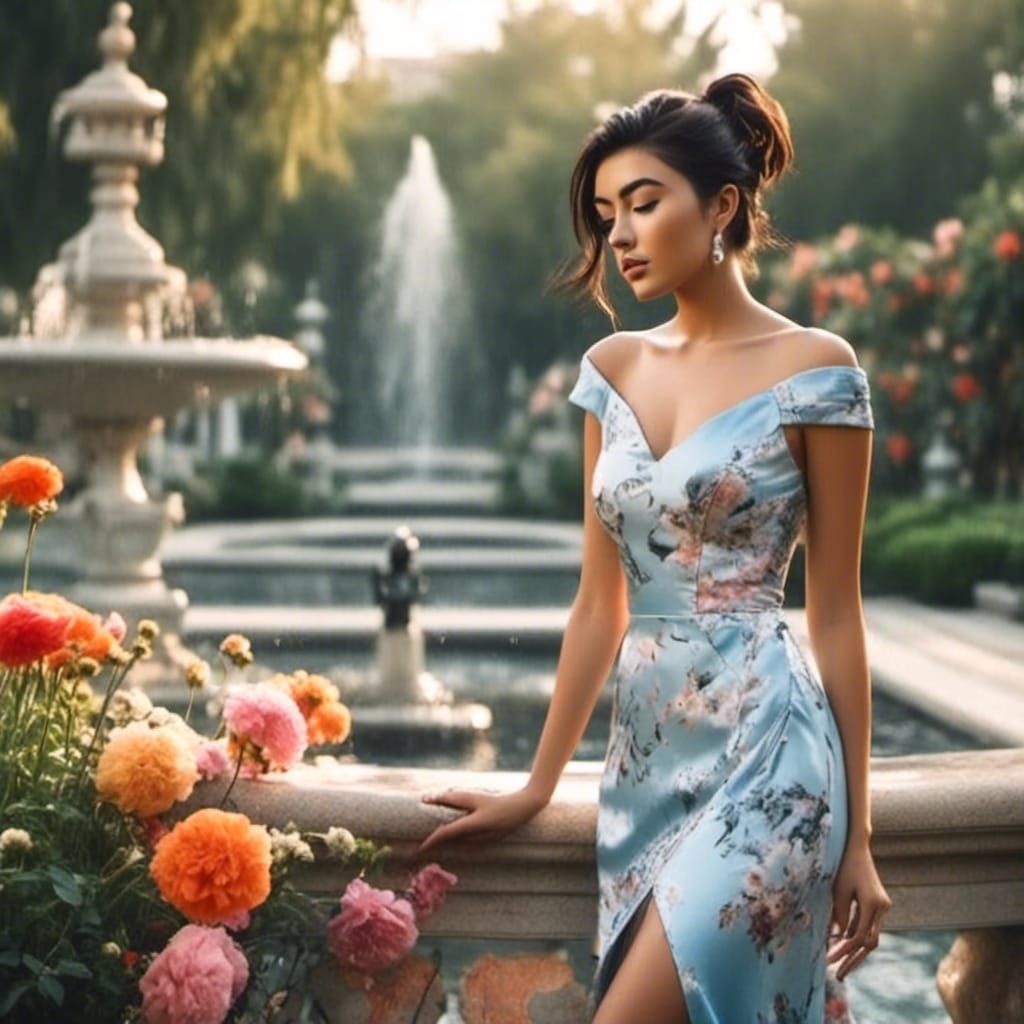 Woman in Cheongsam Dress at Fountain, Watercolor