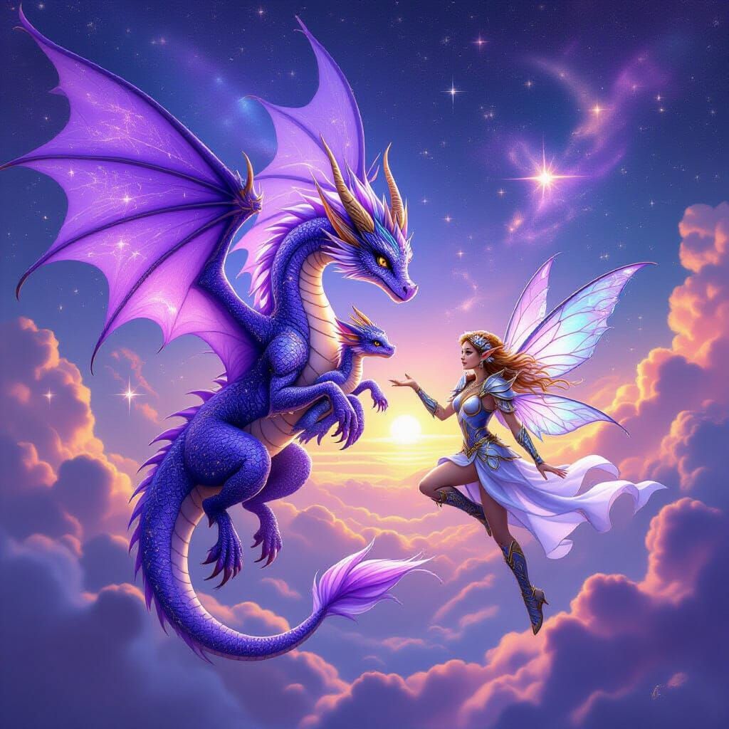 Dragon Family Flight in Ethereal Fantasy Style