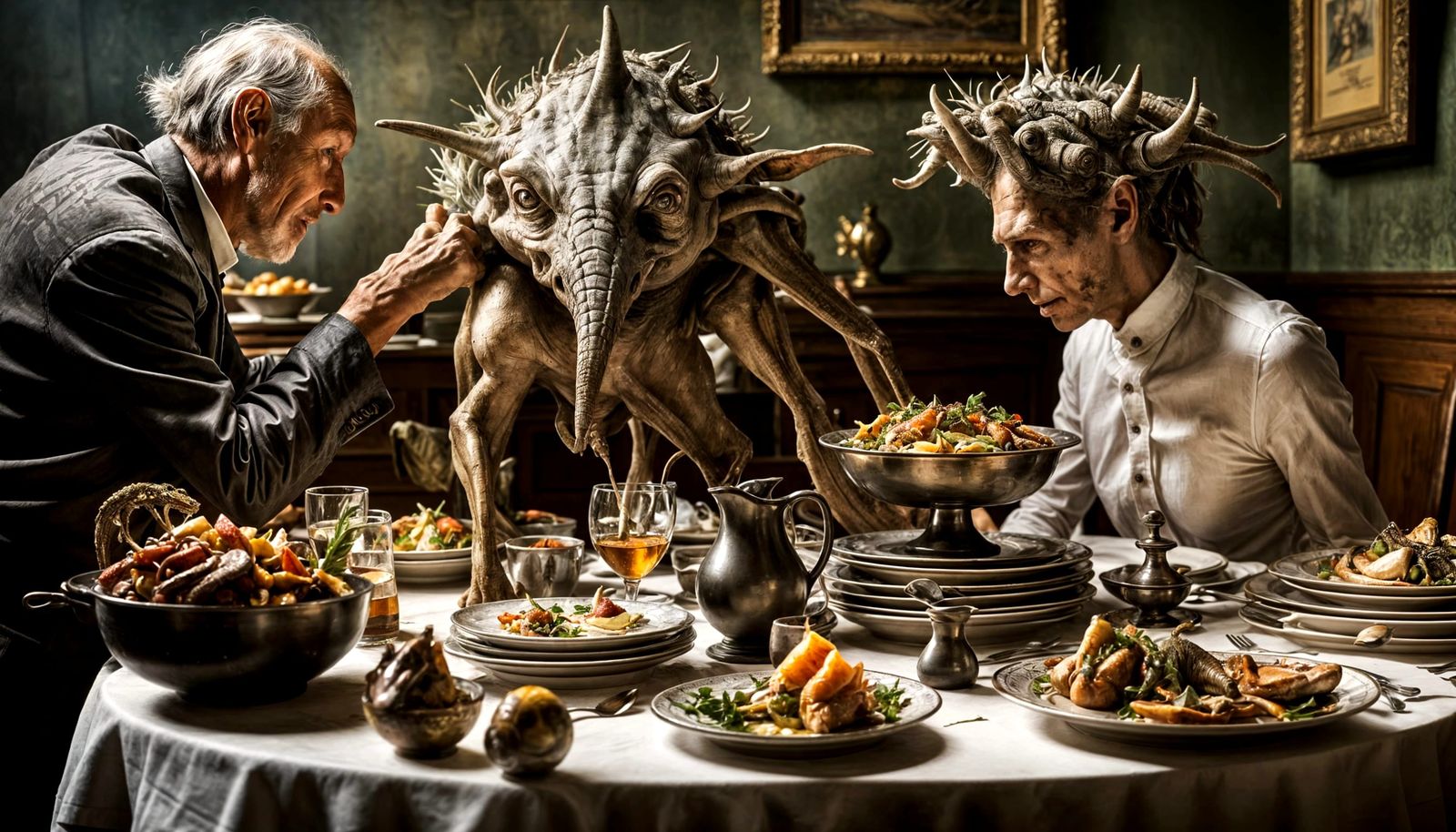 Surreal Restaurant with Bizarre Creatures, Detailed Painting