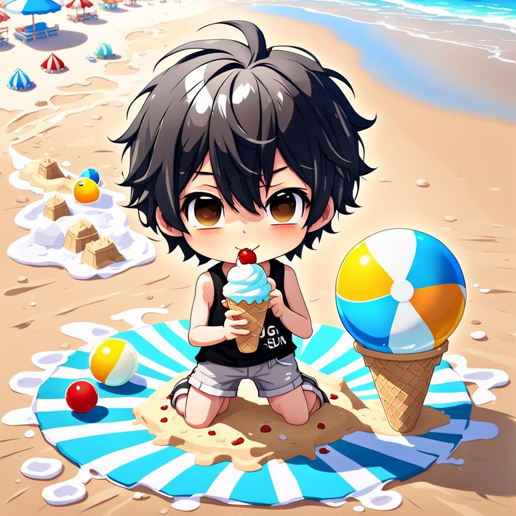 Chibi Boy's Beach Day: 3D Anime Art