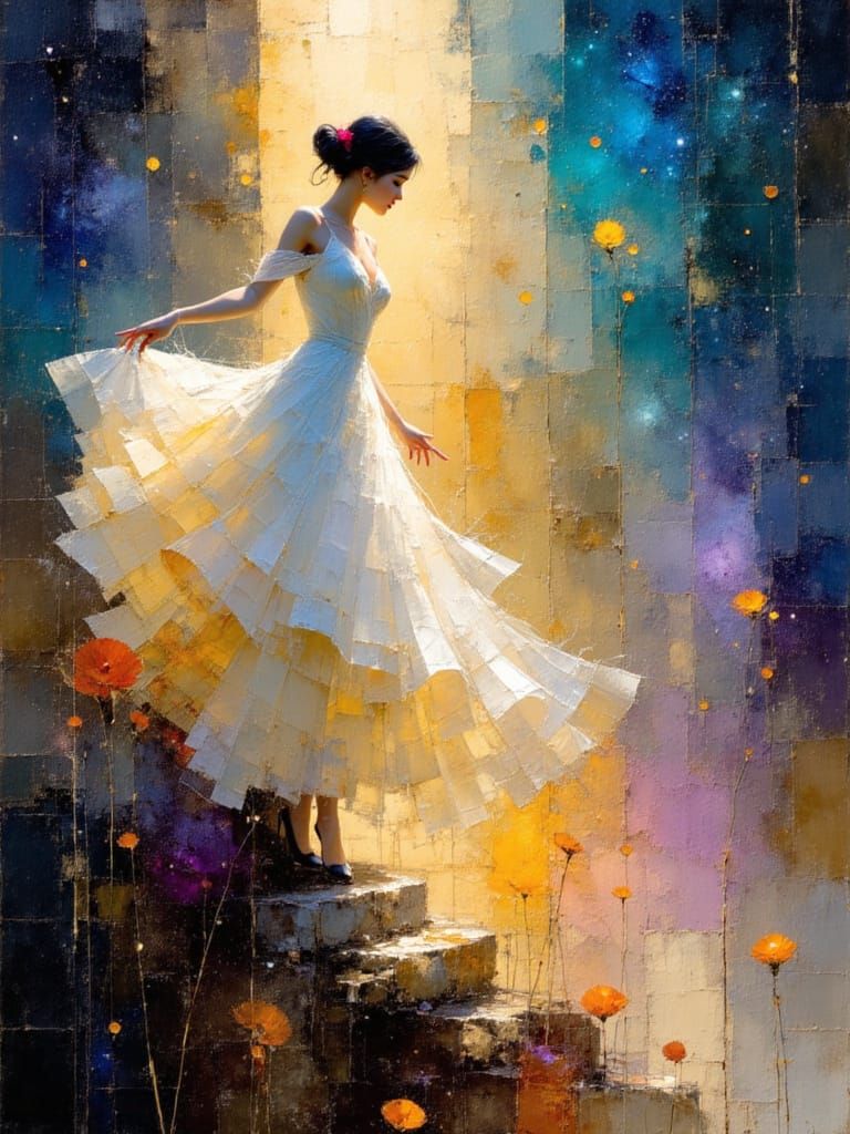 Celestial Dancers in Iridescent Gowns Amidst Swirling Galaxi...