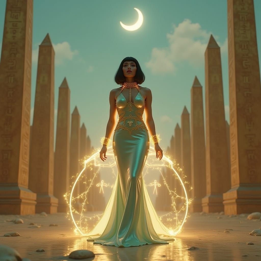 Confident Futuristic Goddess in Egyptian Landscape