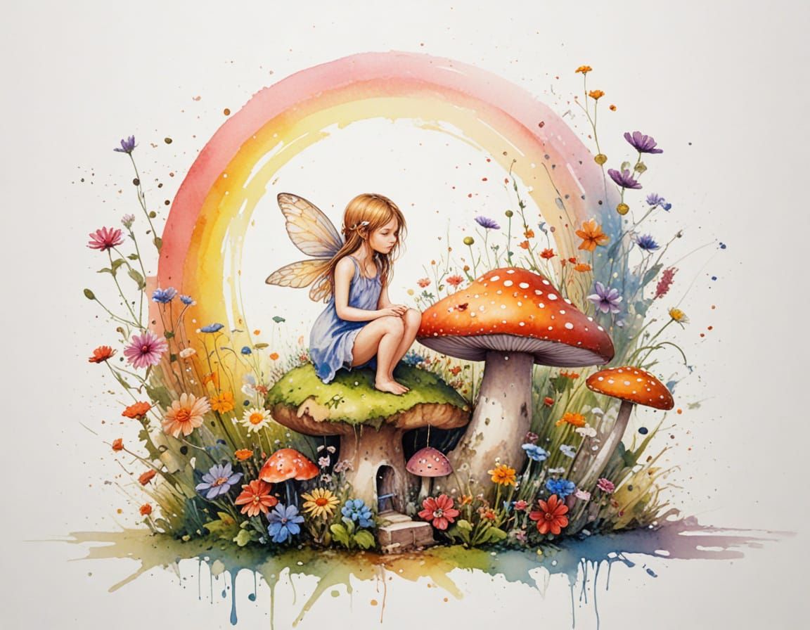 Fairy on Toadstool Under Rainbow in Sunlit Garden