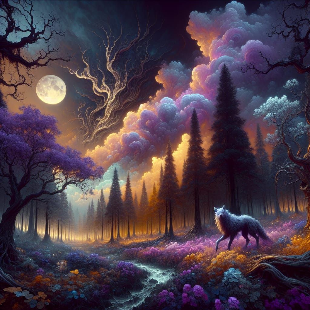 Pastel Werewolf in Enchanted Forest, Art Nouveau Style