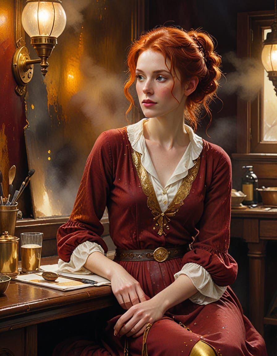 Red-Haired Woman Portrait in Wet-Wash Watercolour