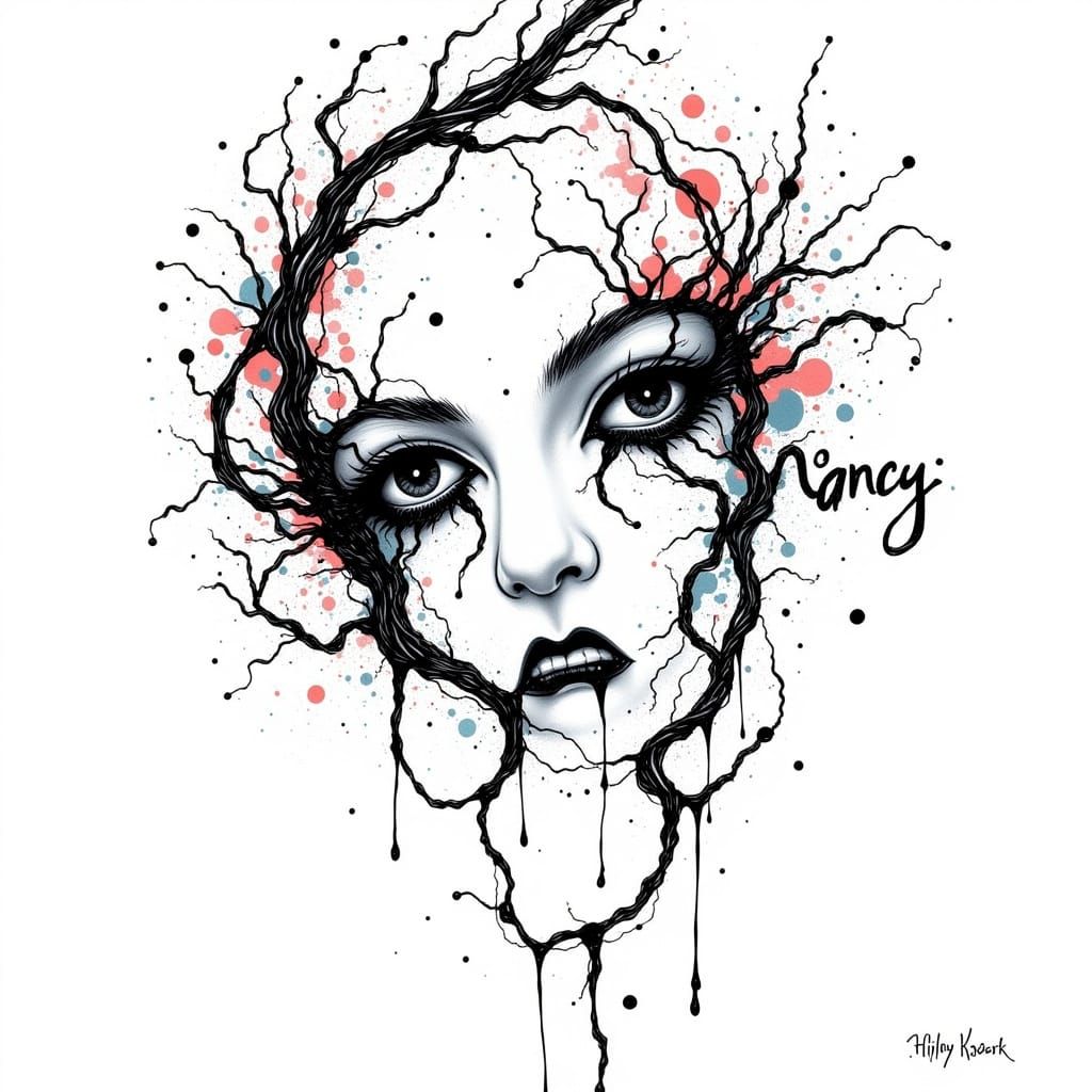 Intricate Black Line Art with Abstract Female Faces and Typo...