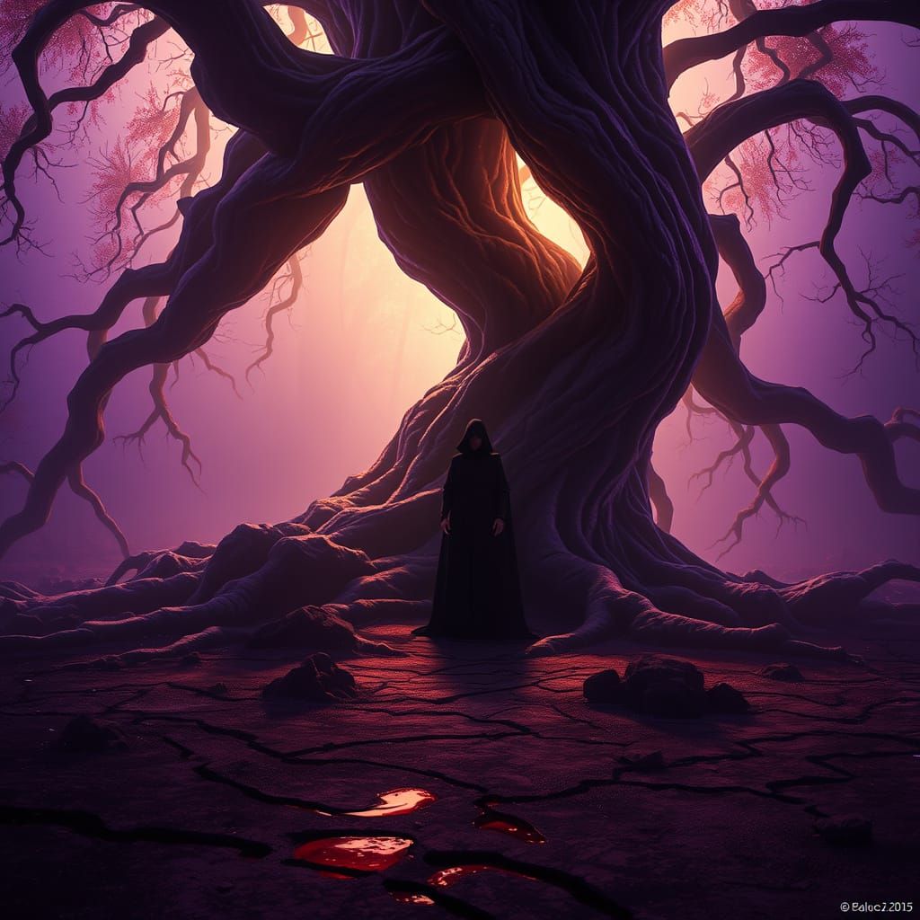 Mysterious Figure in Dark Fantasy Landscape
