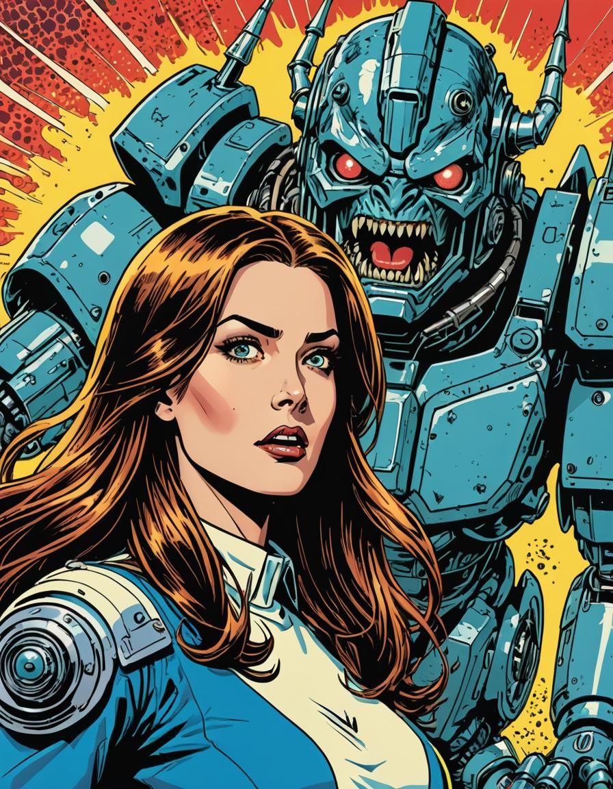 Long haired girl, mid-century Science Fiction, In battle wit...