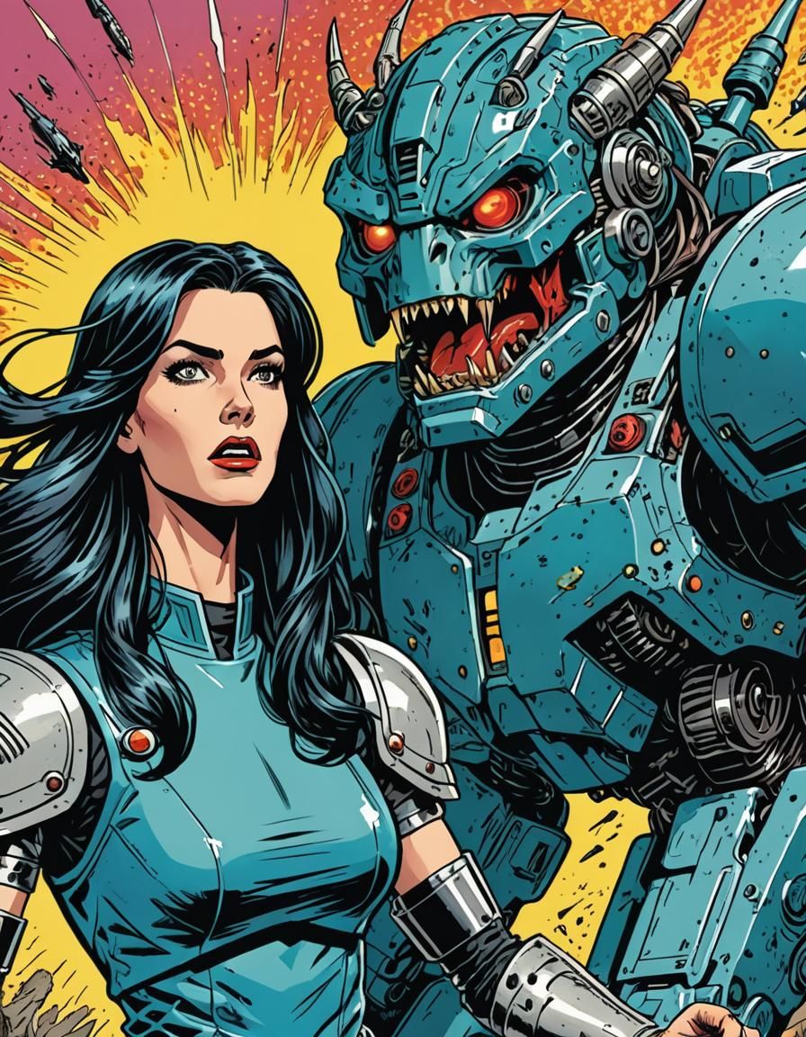 Long haired girl, mid-century Science Fiction, In battle wit...