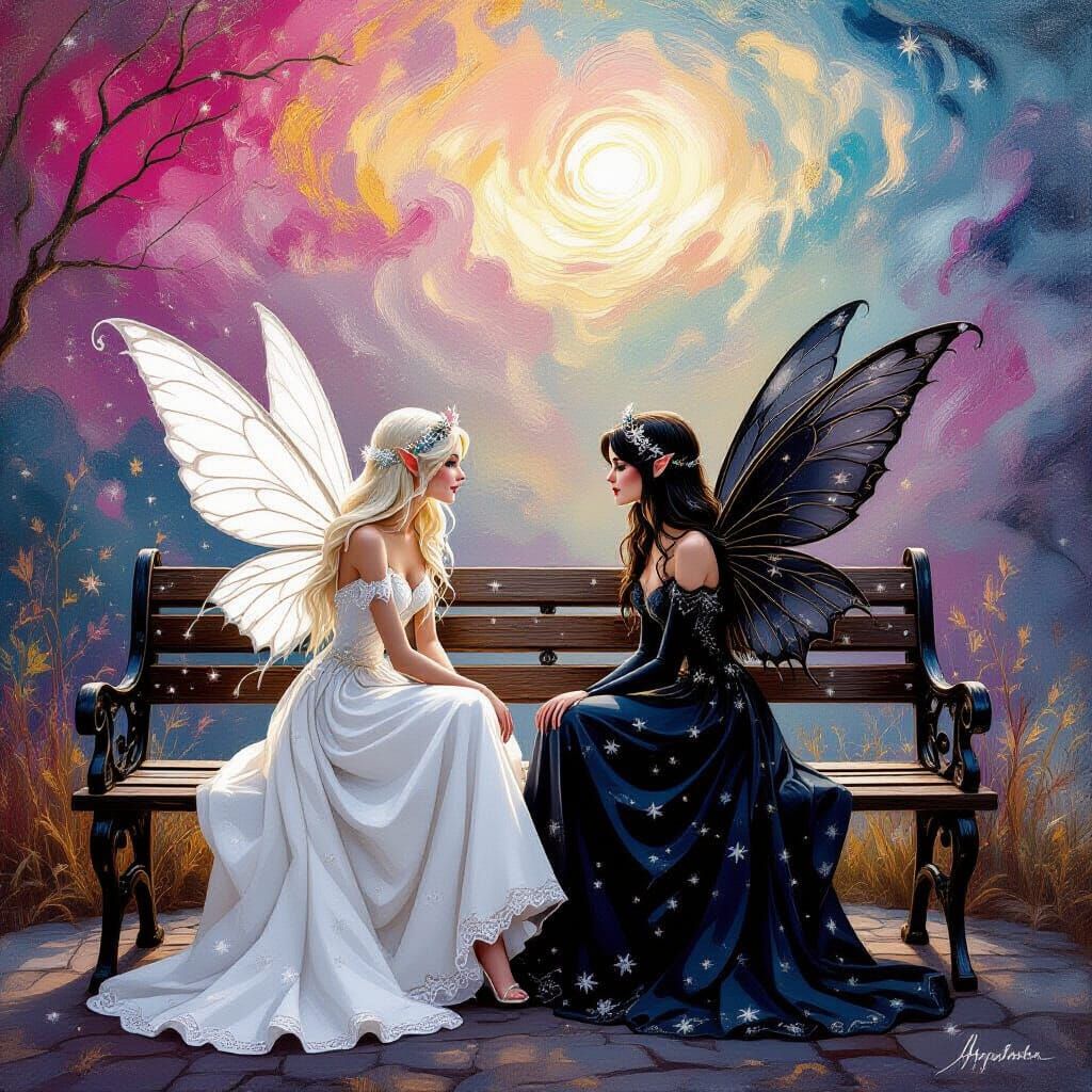 White and Black Fairies on Bench in Swirling Snow