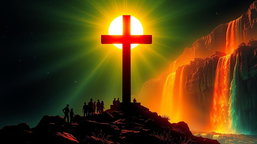 Ethereal Cross: Art Nouveau Pilgrimage in Neon Light