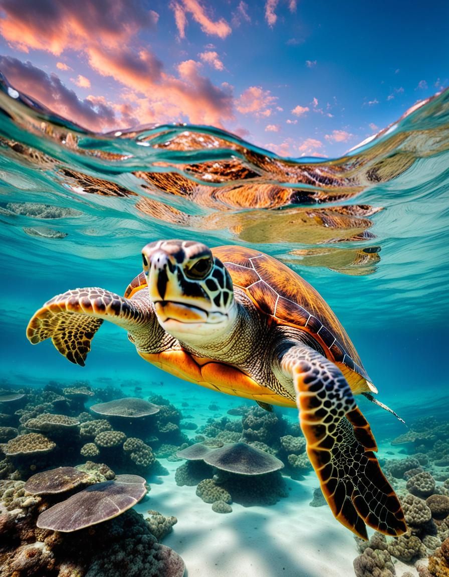 breathtaking unique perspective view from a turtle  head going in the clear blue water beneath the surface underneath th...