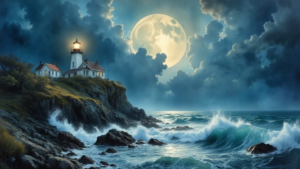 Lighthouse at Night: An Oil Painting