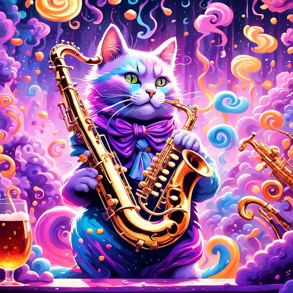 Mystical Jazz Cat in Dimly Lit Pub