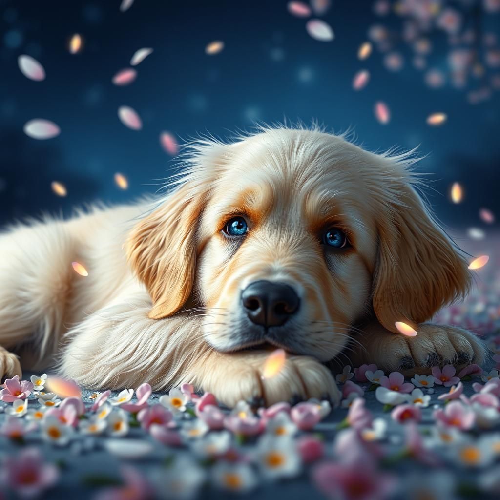 Golden Retriever in Magical Garden, Digital Art